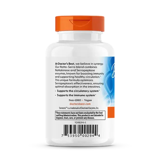 Natto-Serra - 90 capsules supplement bottle back view showcasing benefits and ingredients.