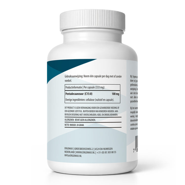 Pentadecaanzuur (C15:0) capsules met gebruiksinstructies en productinformatie op de achterkant.