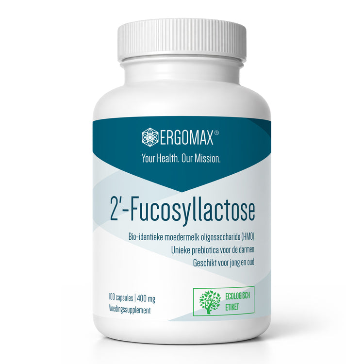 Fles met 2’-Fucosyllactose prebiotica van Ergomax, 100 capsules voor gezondheid en welzijn.