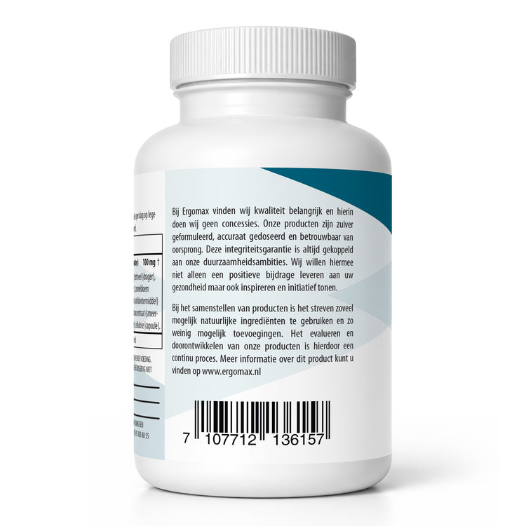 Magnesium - Liposomale formulering - 100 capsules van Ergomax, achterzijde verpakking met productinformatie.