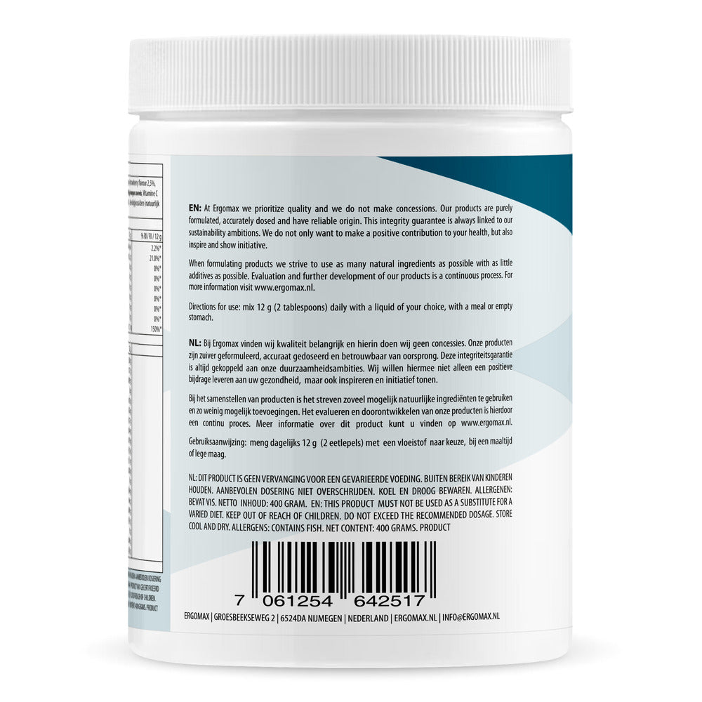 Verpakking van Collageen Hydrolysaat+ met aardbeiensmaak, 400 gram, achterkant met voedingsinformatie.