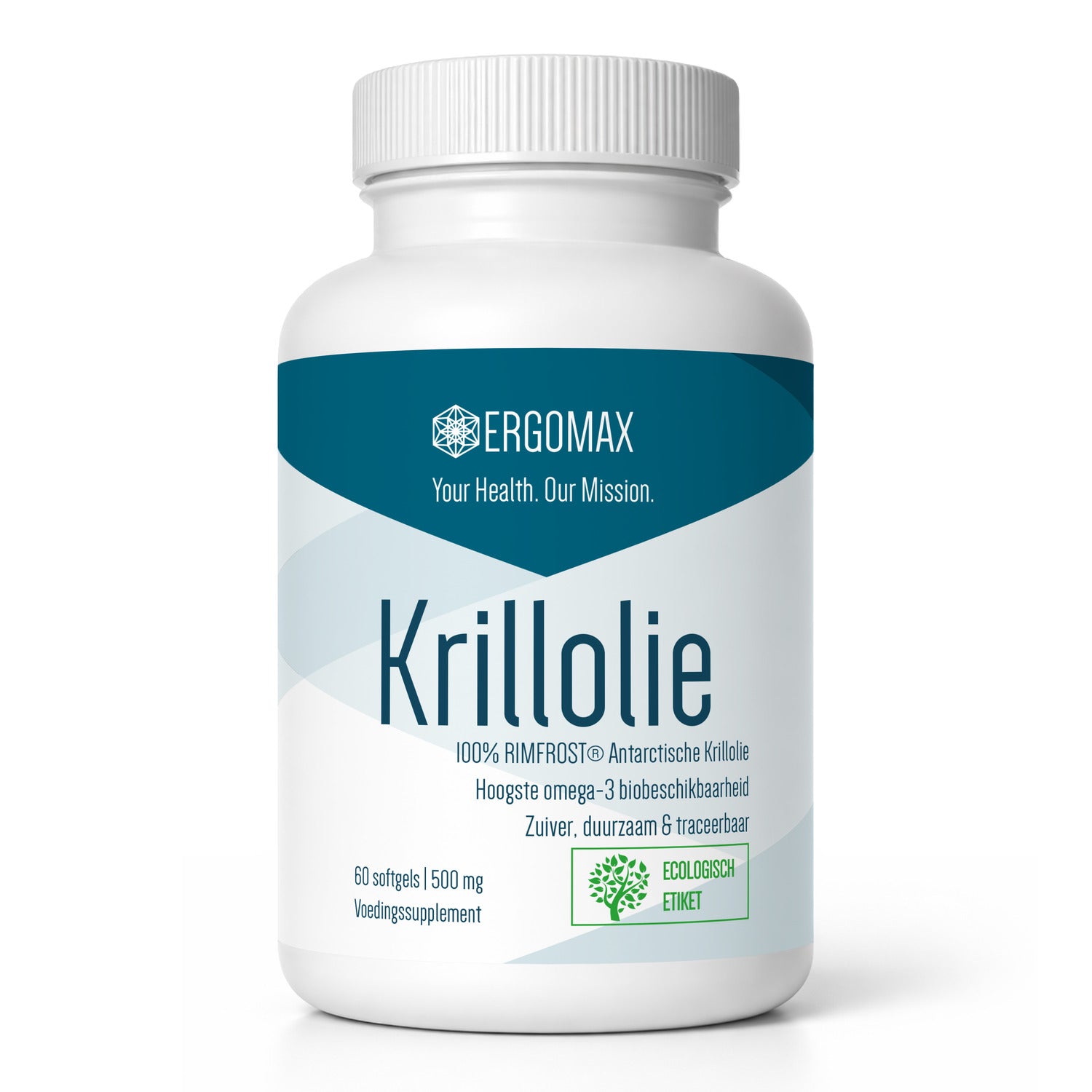 Omega-3 Krillolie softgels van Ergomax in blik met 60 capsules voor optimale gezondheid.