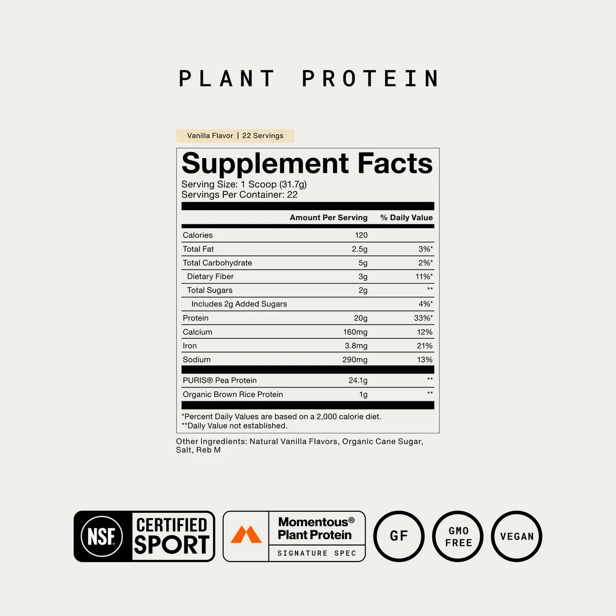 Momentous Plant Protein Vanilla Supplement Facts