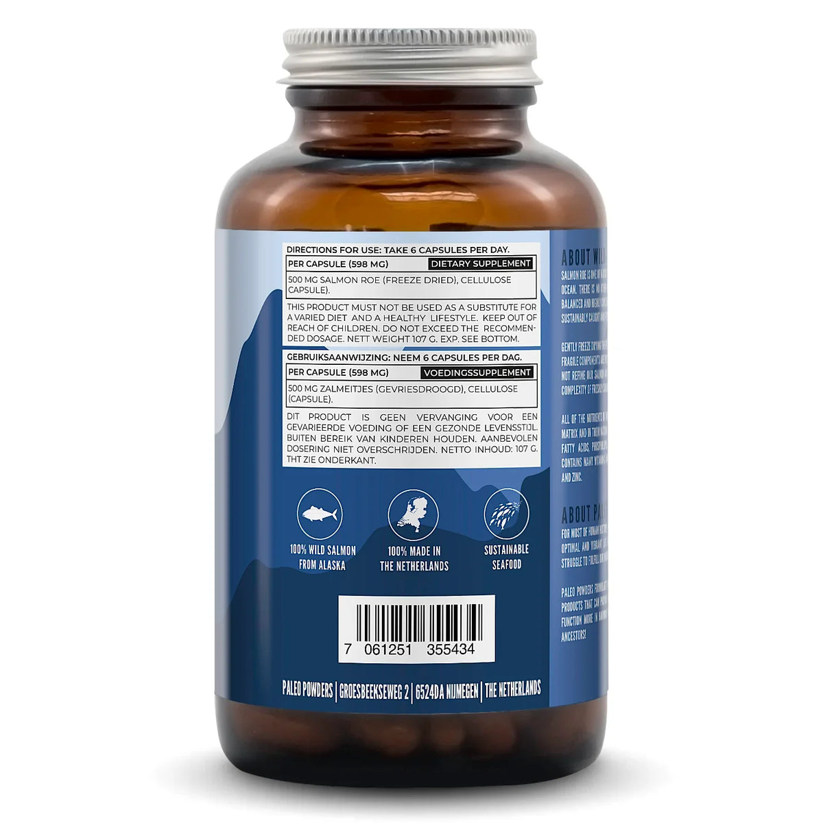 Label with nutrition table for wild salmon roe capsules