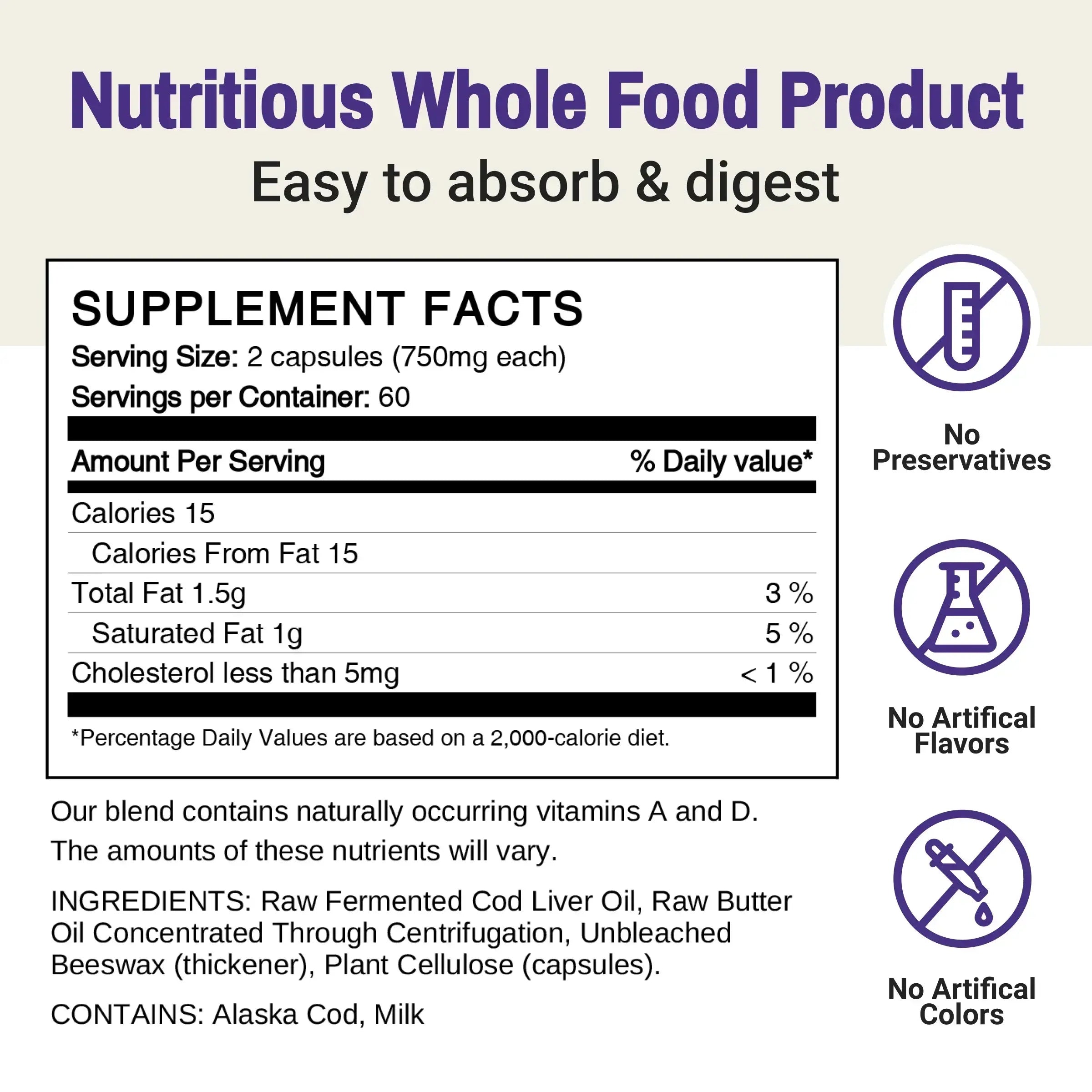Etiket met productinformatie van gefermenteerde levertraan en boterolie capsules