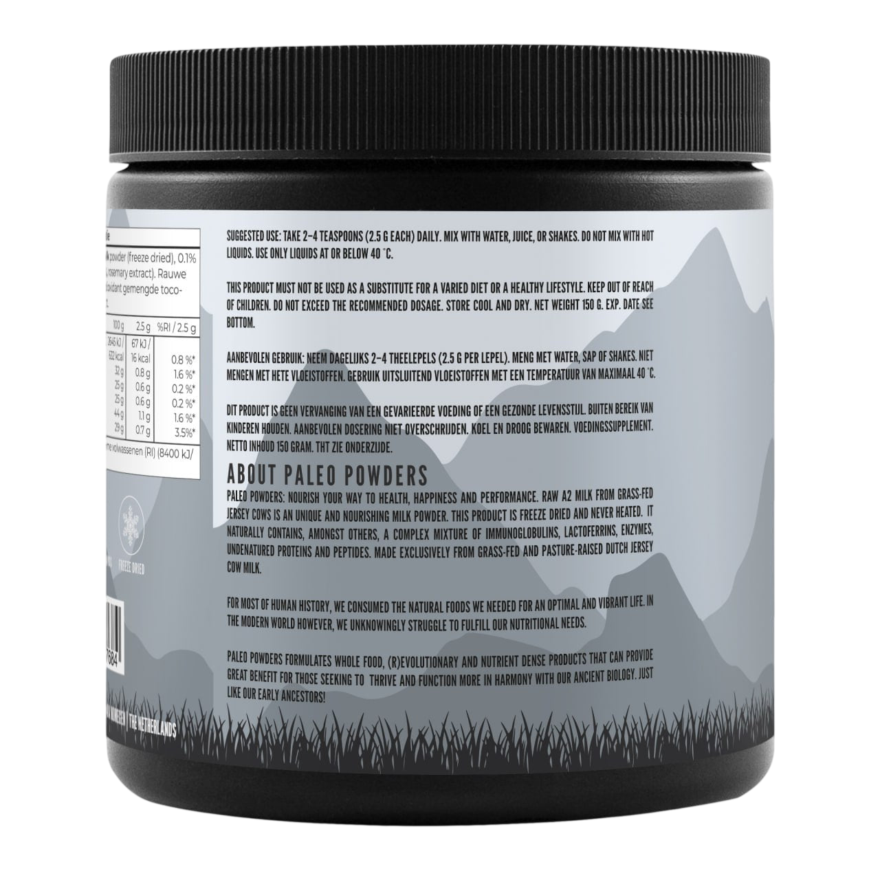 Rauwe A2 Melk poeder verpakking met informatie over gebruik en ingrediënten.
