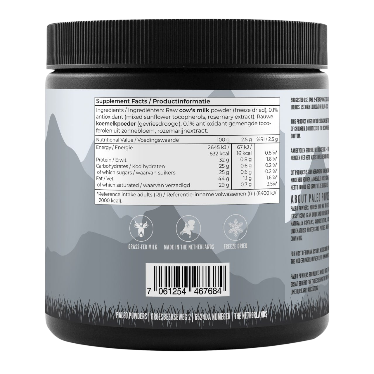 Rauwe A2 Melk - 150 gram verpakking met voedingsinformatie en ingrediëntenlijst.