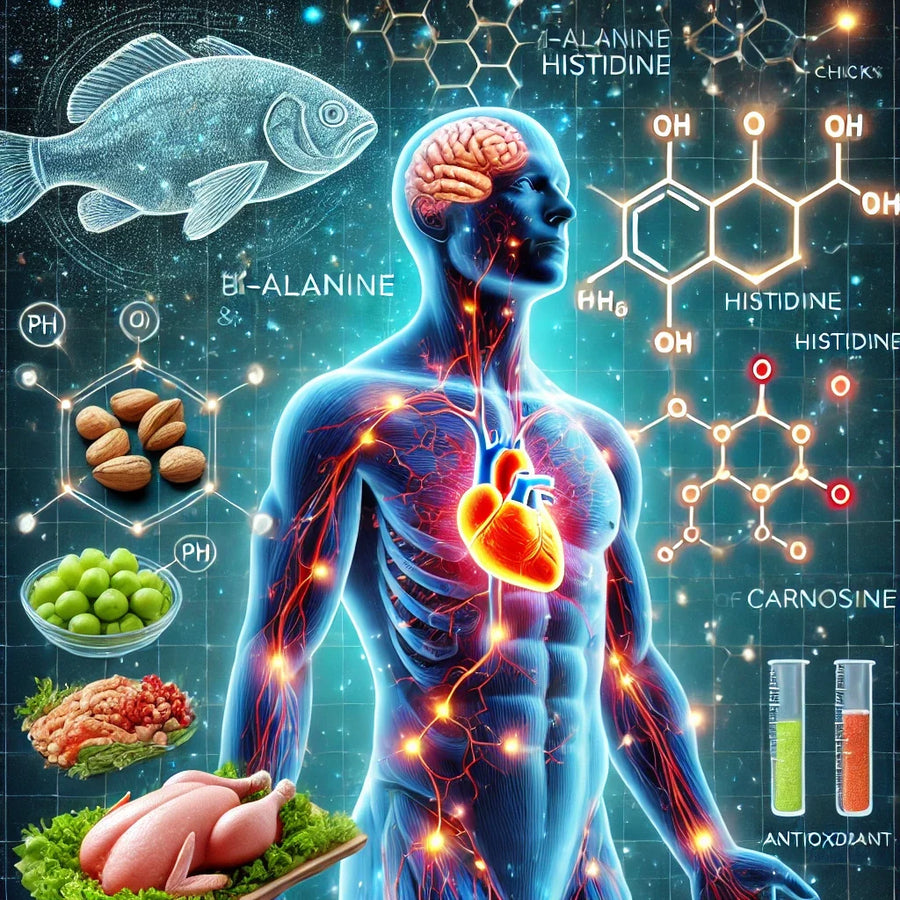 Illustratie van het menselijk lichaam met de molecuulstructuur van carnosine