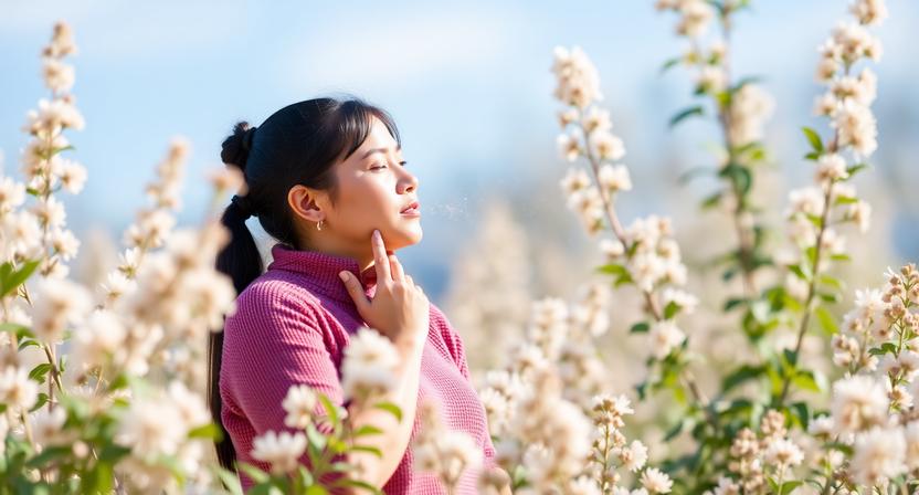 Vrouw die bewust ademhaalt tussen bloeiende bloemen