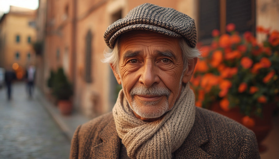 Glimlachende oudere man met pet in een Italiaans straatje