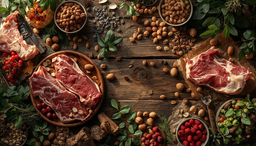 Vlees, noten en zaden op een houten tafel als voorbeeld van het paleodieet