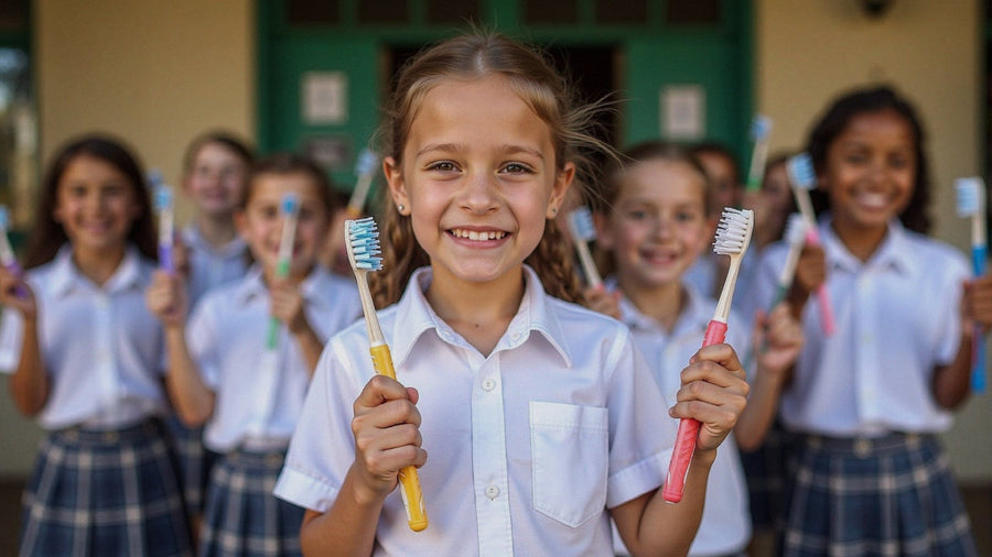 Lachende schoolkinderen met een tandenborstel in de hand