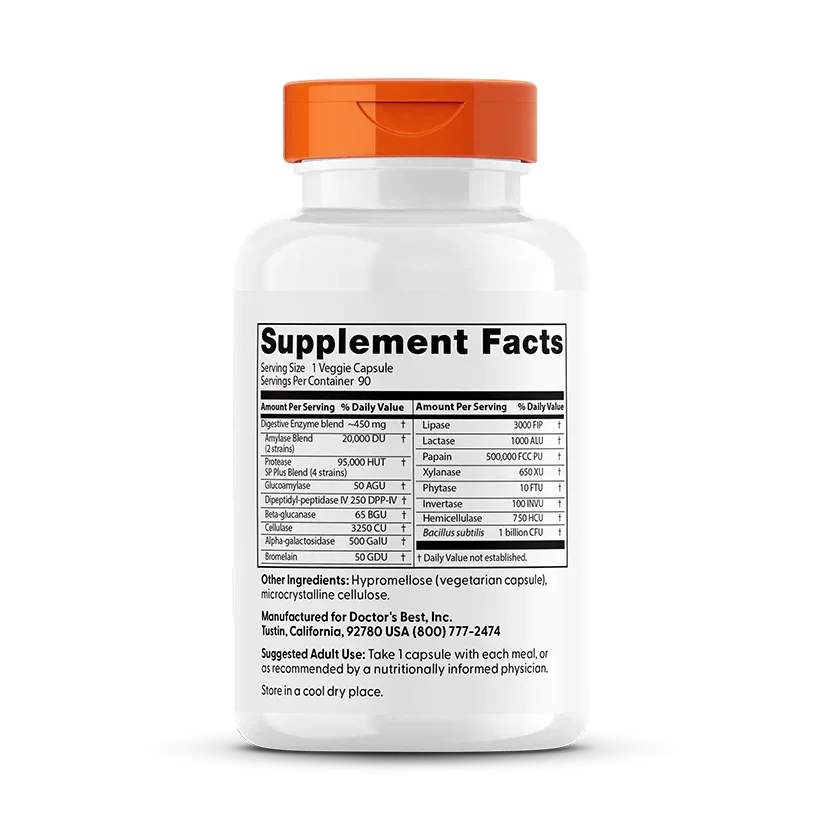 Spijsverterings Enzymen, 90 plantaardige capsules met supplement feiten van Doctor's Best.