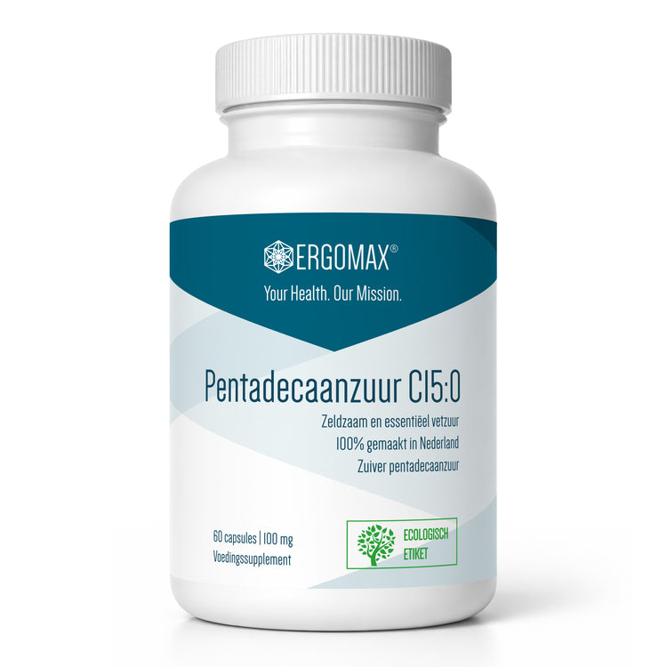 Pentadecaanzuur (C15:0) voedingssupplement in een fles met 60 capsules van Ergomas.