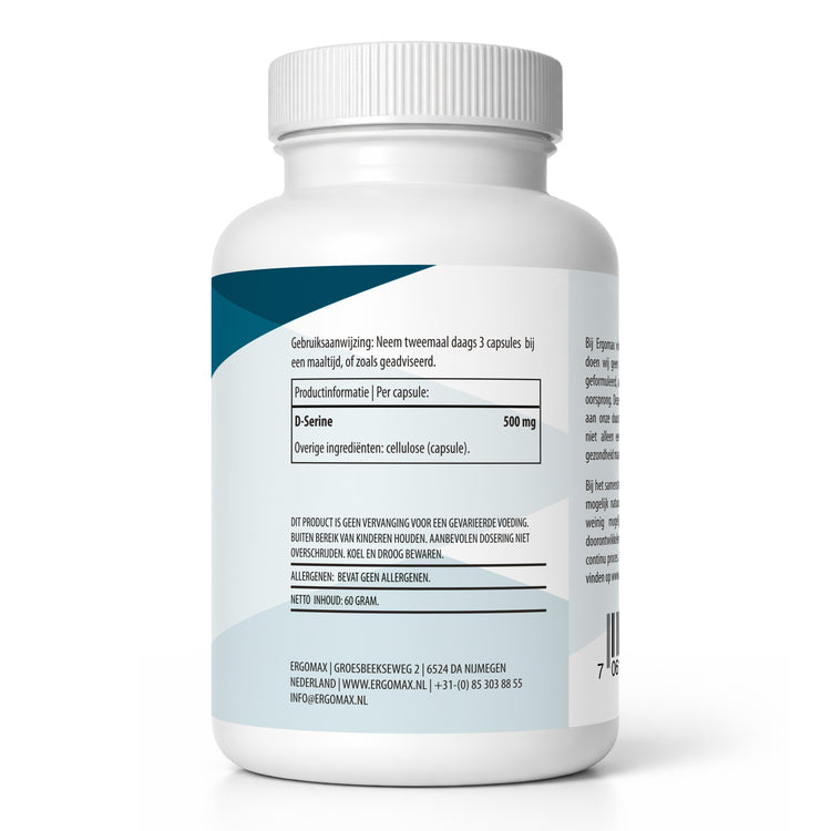 D-Serine supplement bottle with directions for use and ingredient list, 60 capsules from Ergomax.