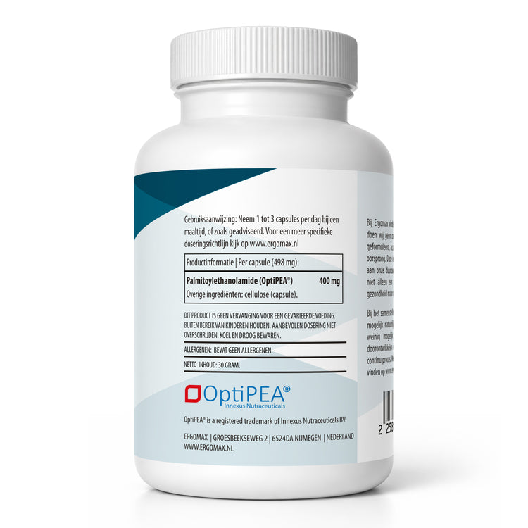 OptiPEA®-capsules met palmitoylethanolamide (PEA), inclusief gebruiksaanwijzing en ingrediëntenlijst.