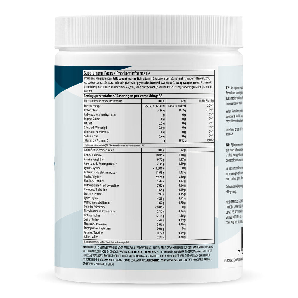 Collageen Hydrolysaat+ productinformatie op verpakking met voedingswaarde en ingrediëntenlijst