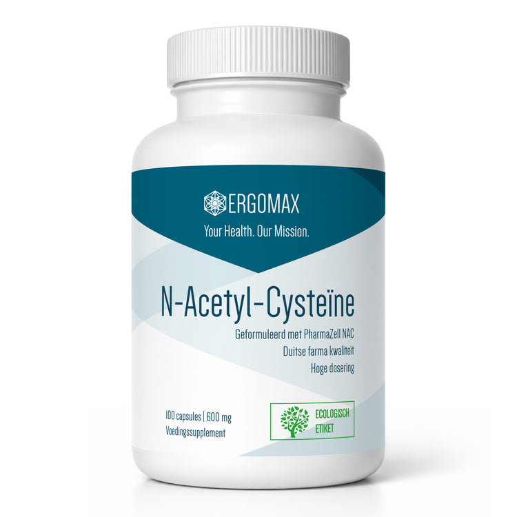 N Acetylcysteïne capsules van Ergomax in een witte fles met groene en blauwe accenten.