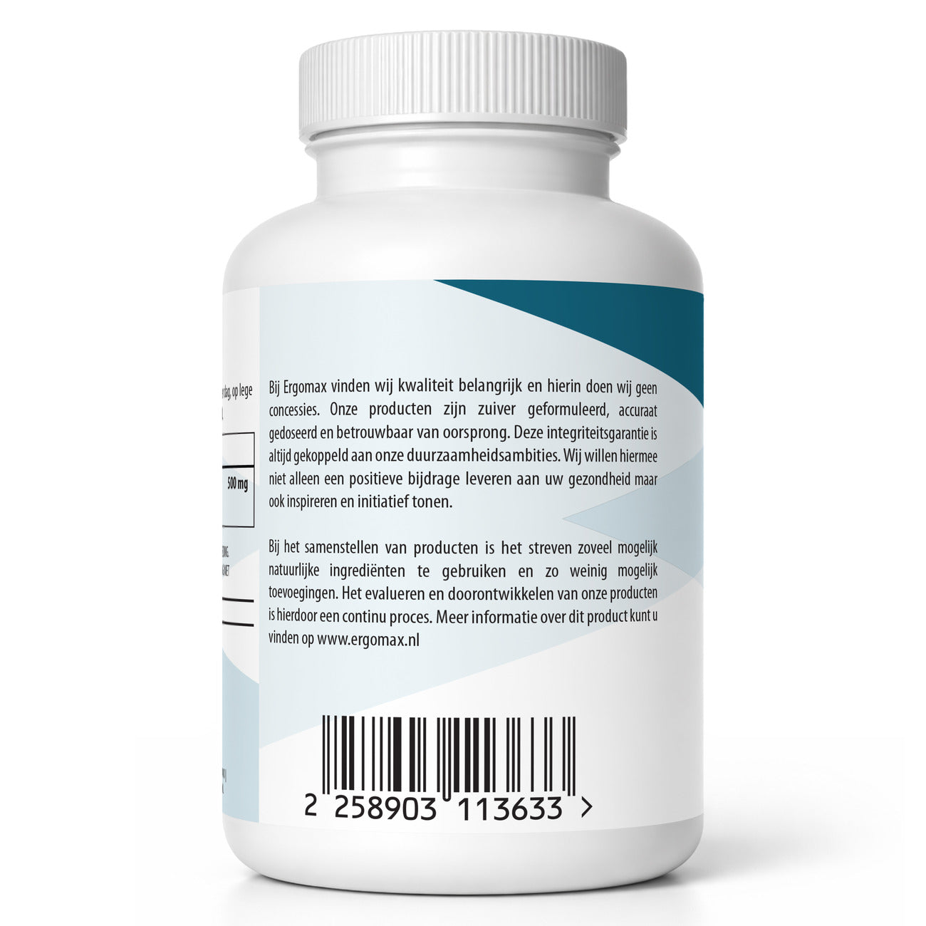 Acetyl-L-Carnitine capsule verpakking met ingrediënteninformatie en kwaliteitsgarantie van Ergomax.