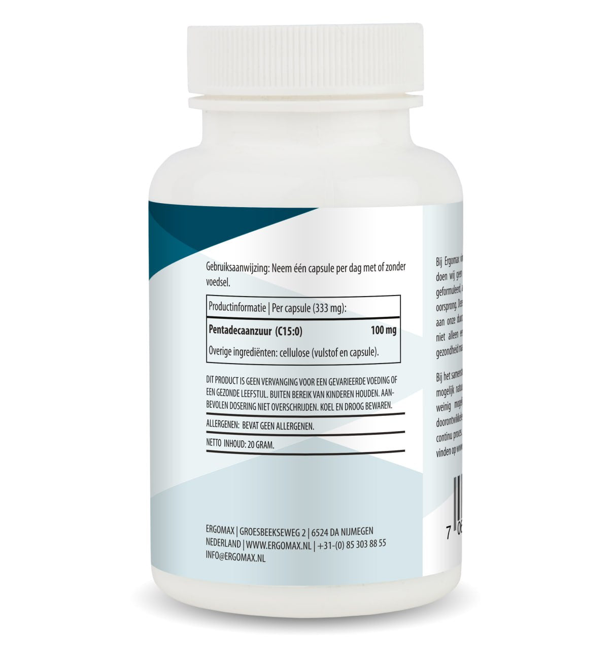 Pentadecaanzuur (C15:0) supplement met voedingsinformatie op etiket