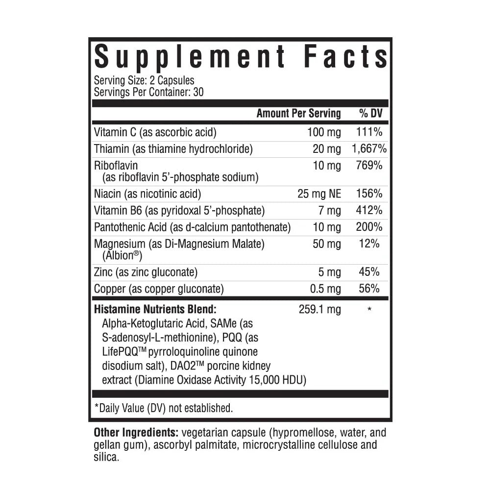 Supplement facts voor Histamine Nutrients - 60 capsules met ingrediënten en doseringen.