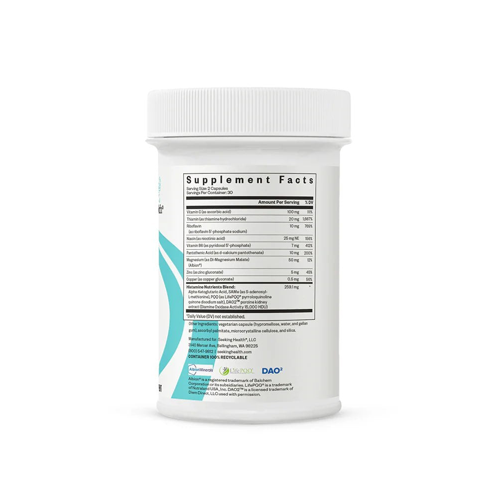 Achterkant verpakking van Histamine Nutrients met supplement feiten en ingrediëntenlijst.
