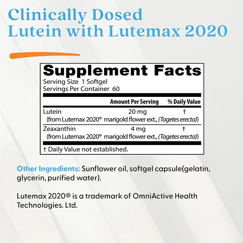 Supplement facts of Luteïne & Zeaxanthine with Lutemax® 2020 in 60 softgels.