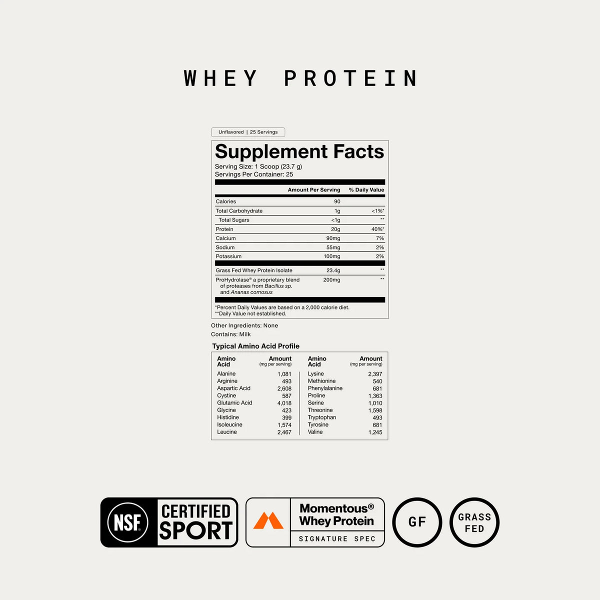 Momentous Whey Isolaat, Supplement Facts smaak Unflavored