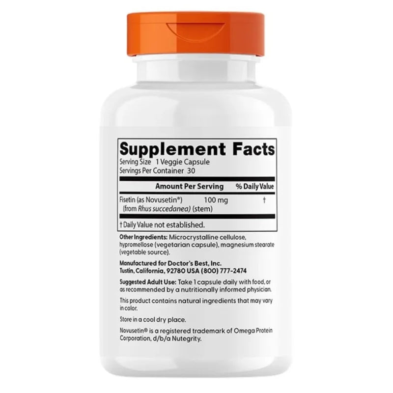 Fisetin supplement facts with Novusetin™ from Doctor's Best in a capsule bottle