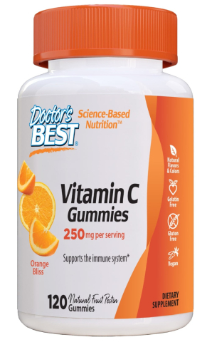 Front view of Doctor's Best Vitamin C Gummies, 120 orange flavored gummies, 250 mg vitamin C per serving